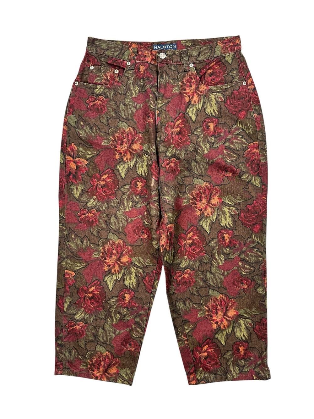 Halston Jeanswear Floral Straight Capri Jean Maroon/Green/Brown/Orange — Size 12